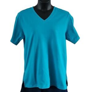 D&Co Essentials Women's V-Neck T-Shirt – Size Small Turquoise Blue 100% Cotton